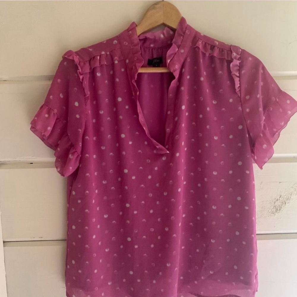J Crew Pink Polka Dot Ruffle Blouse